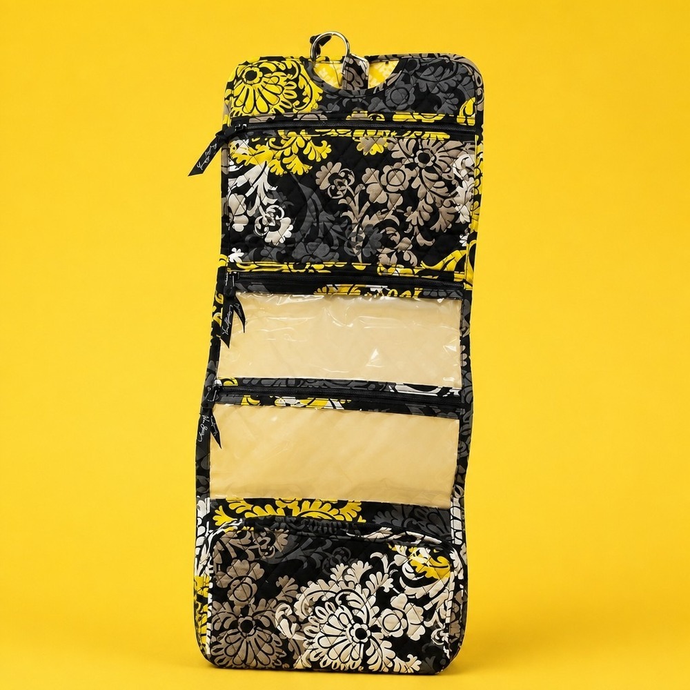 Vera Bradley Quilted Hanging Travel Organizer Toiletry Bag Black Yellow Floral